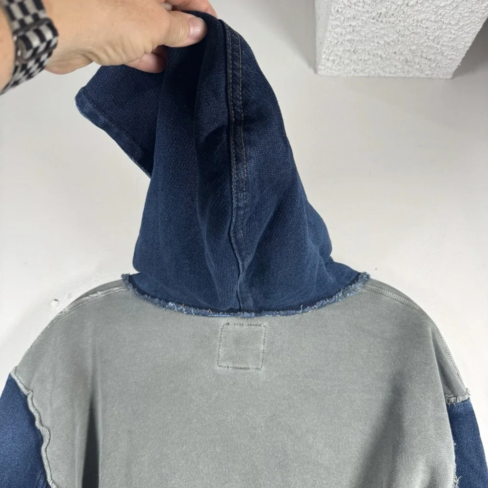 True Religion Mens Denim & Gray Pullover Kangaroo Pocket Hoodie Sz M Sweatshirt